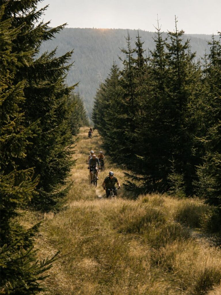 Cyklisté objevují lesní cesty Jizerských hor z výchozího místa u Horské chaty Smědava.