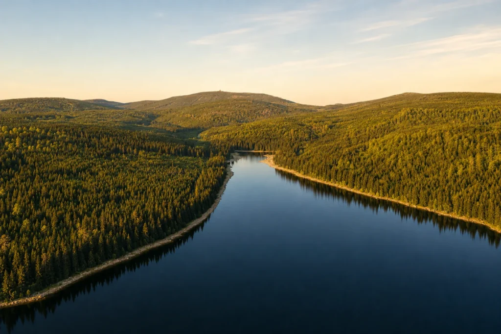 Letní panorama přehrady Souš obklopené hlubokými lesy a hřebeny Jizerských hor.