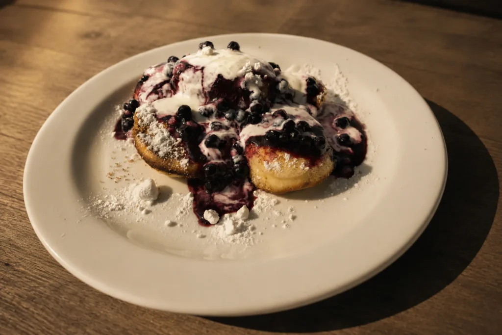 Legendární borůvkové knedlíky z restaurace Horské chaty Smědava, oblíbená specialita návštěvníků Jizerských hor.