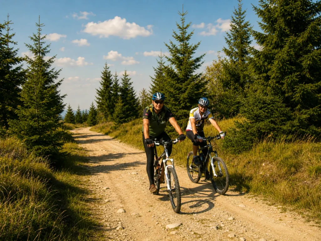Cyklisté na horské cestě v letní přírodě Jizerských hor nedaleko Smědavy.