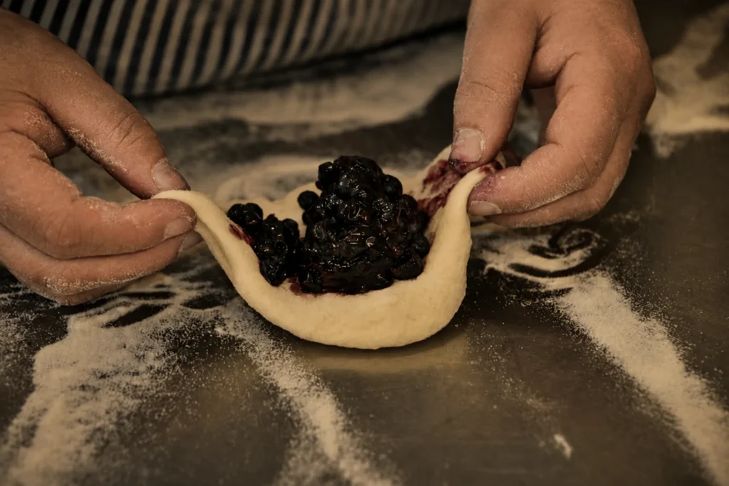 Ruční příprava tradičních borůvkových knedlíků v kuchyni restaurace Horské chaty Smědava v Jizerských horách.