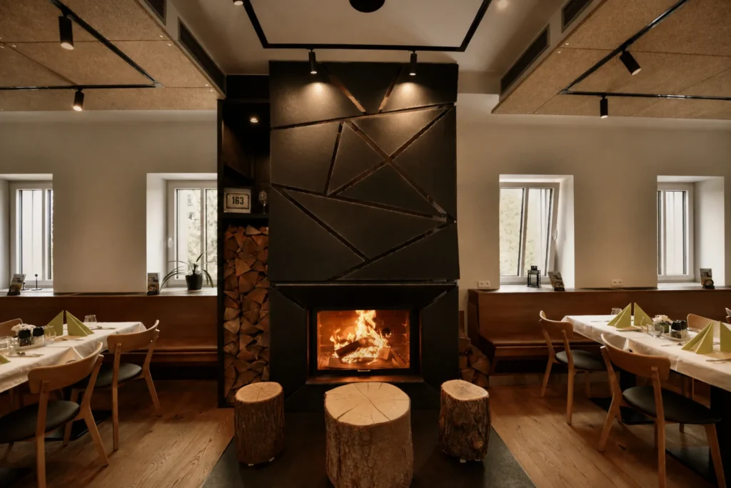 Interiér restaurace Horské chaty Smědava s hořícím krbem, dřevěným vybavením a útulnou horskou atmosférou v srdci Jizerských hor.