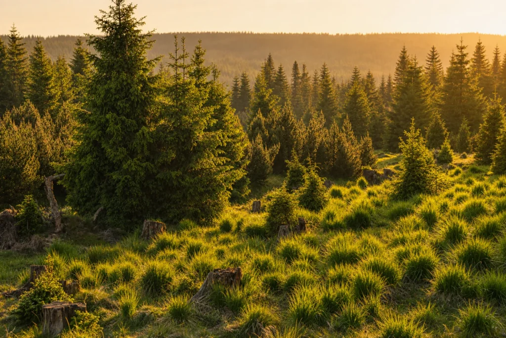 Letní příroda a horské lesy v okolí Smědavy v Jizerských horách.