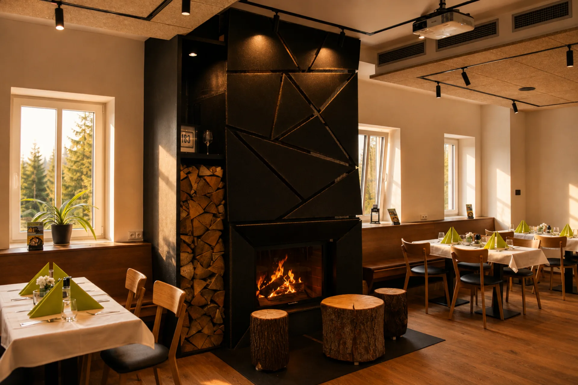 Interiér restaurace Smědava s hořícím krbem a výhledem do Jizerských hor.