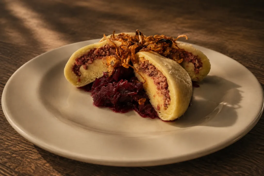 Tradiční špekové knedlíky s červeným zelím a smaženou cibulkou podávané v restauraci Horské chaty Smědava v Jizerských horách.