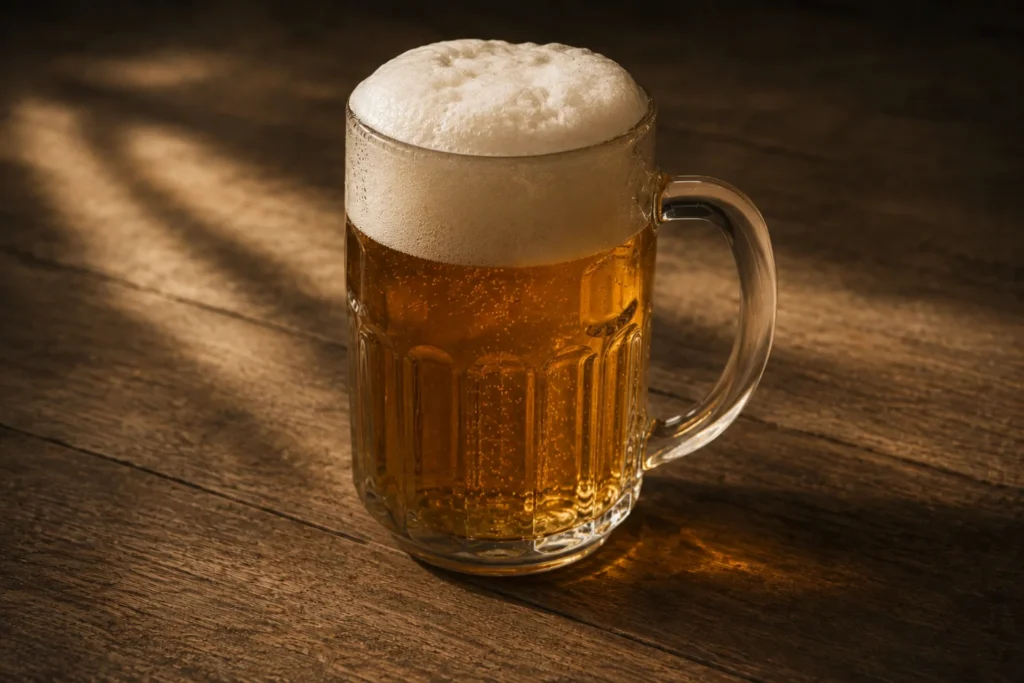 Točené světlé pivo s bohatou pěnou připravené pro návštěvníky restaurace Horské chaty Smědava.