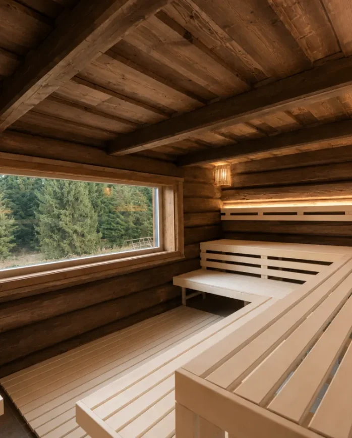 Finská sauna s výhledem do krajiny v Horské chatě Smědava v Jizerských horách.